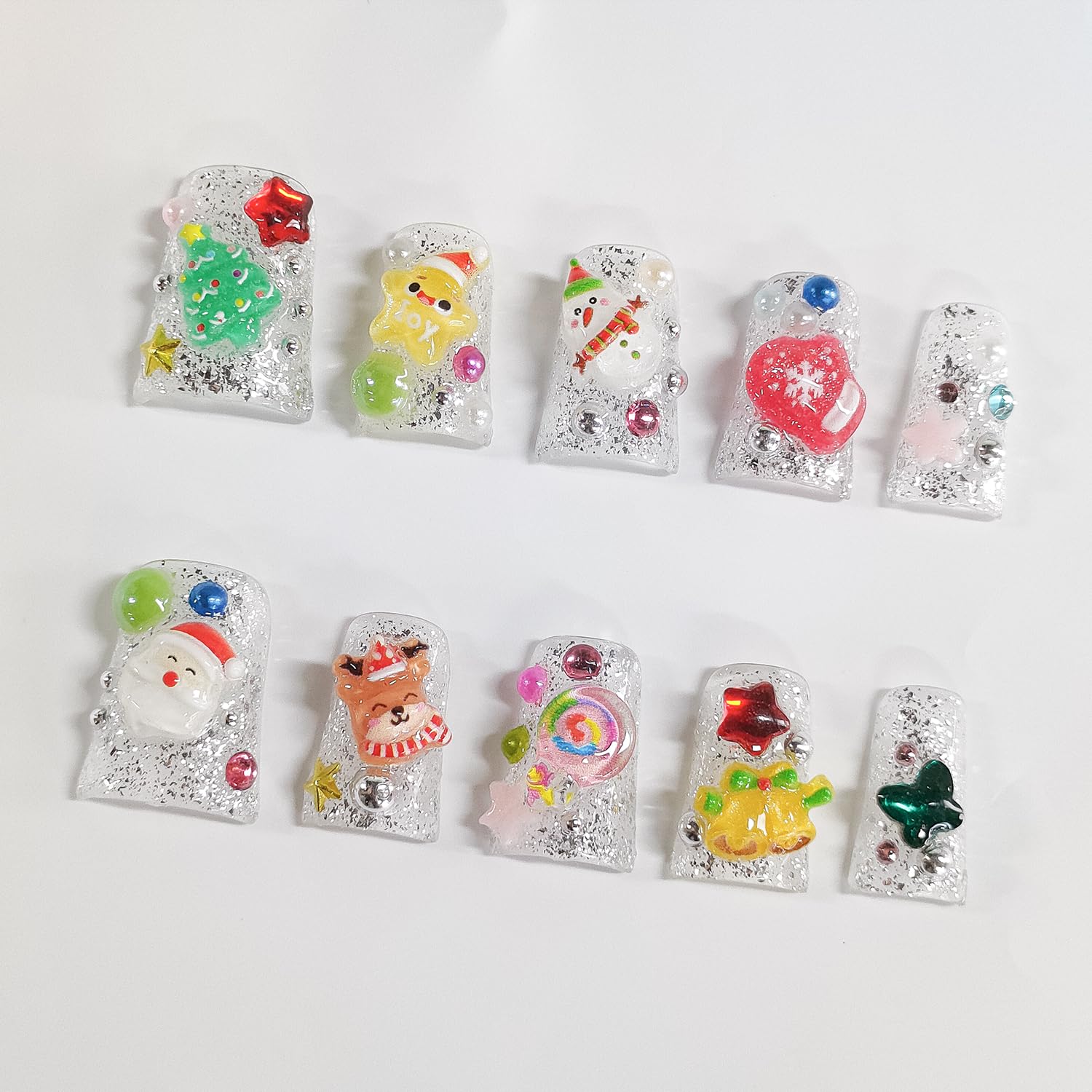 BRKYKGK Christmas Press-On Nails – Short Duck 3D Acrylic Glitter, Christmas Tree & Santa, 10Pcs (S)