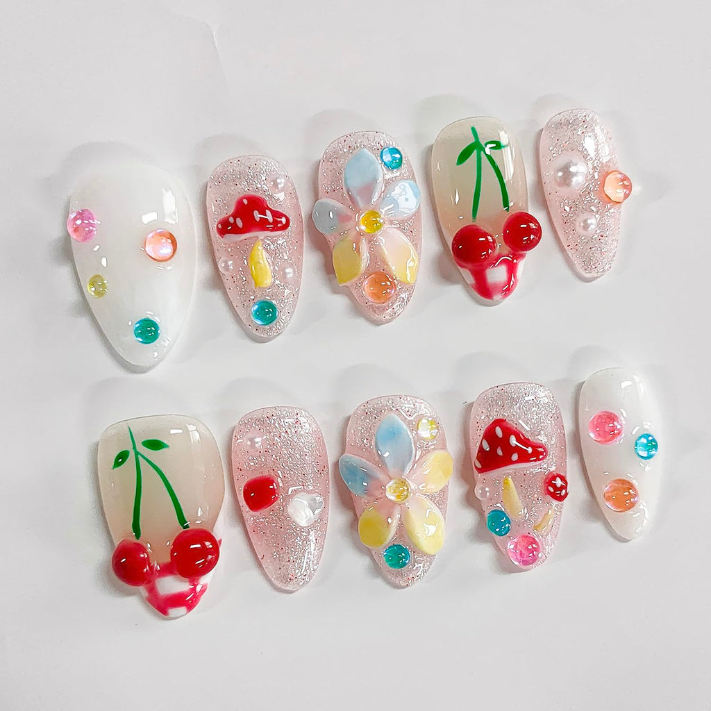 BRKYKGK Handmade Press-On Nails Almond Medium 3D Floral French Tip (10Pcs)