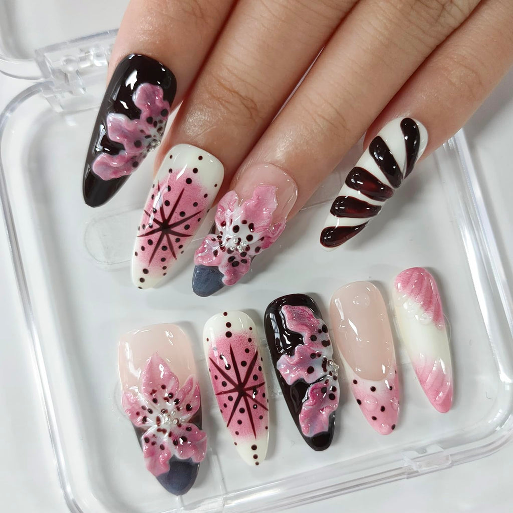 BRKYKGK Handmade Almond Medium Press-On Nails – 3D Floral & French Tip (10 Pcs)