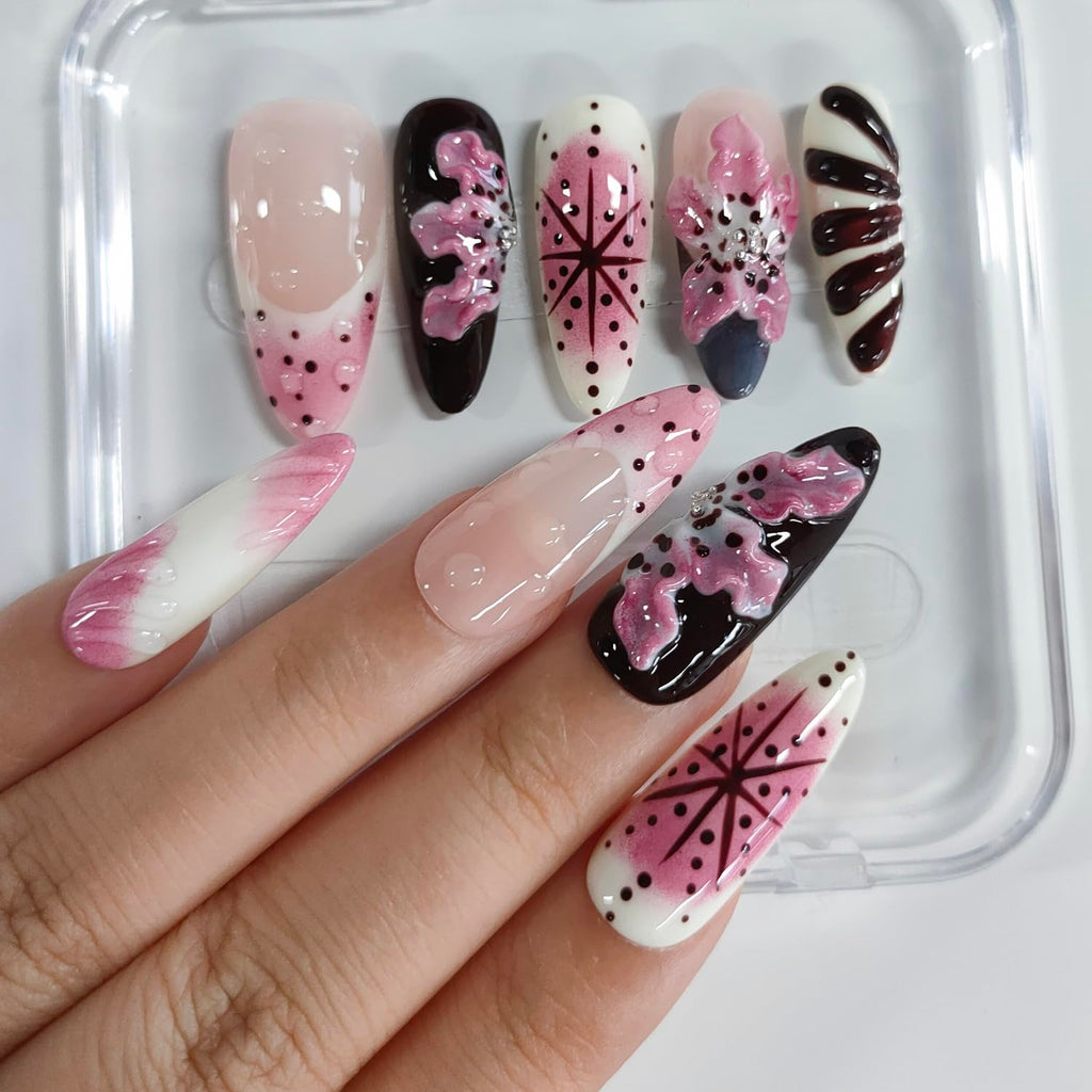 BRKYKGK Handmade Almond Medium Press-On Nails – 3D Floral & French Tip (10 Pcs)