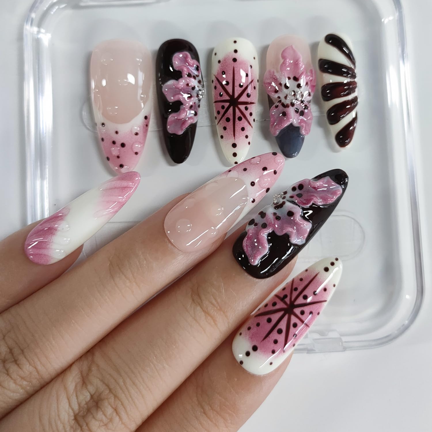 BRKYKGK Handmade Almond Medium Press-On Nails – 3D Floral & French Tip (10 Pcs)