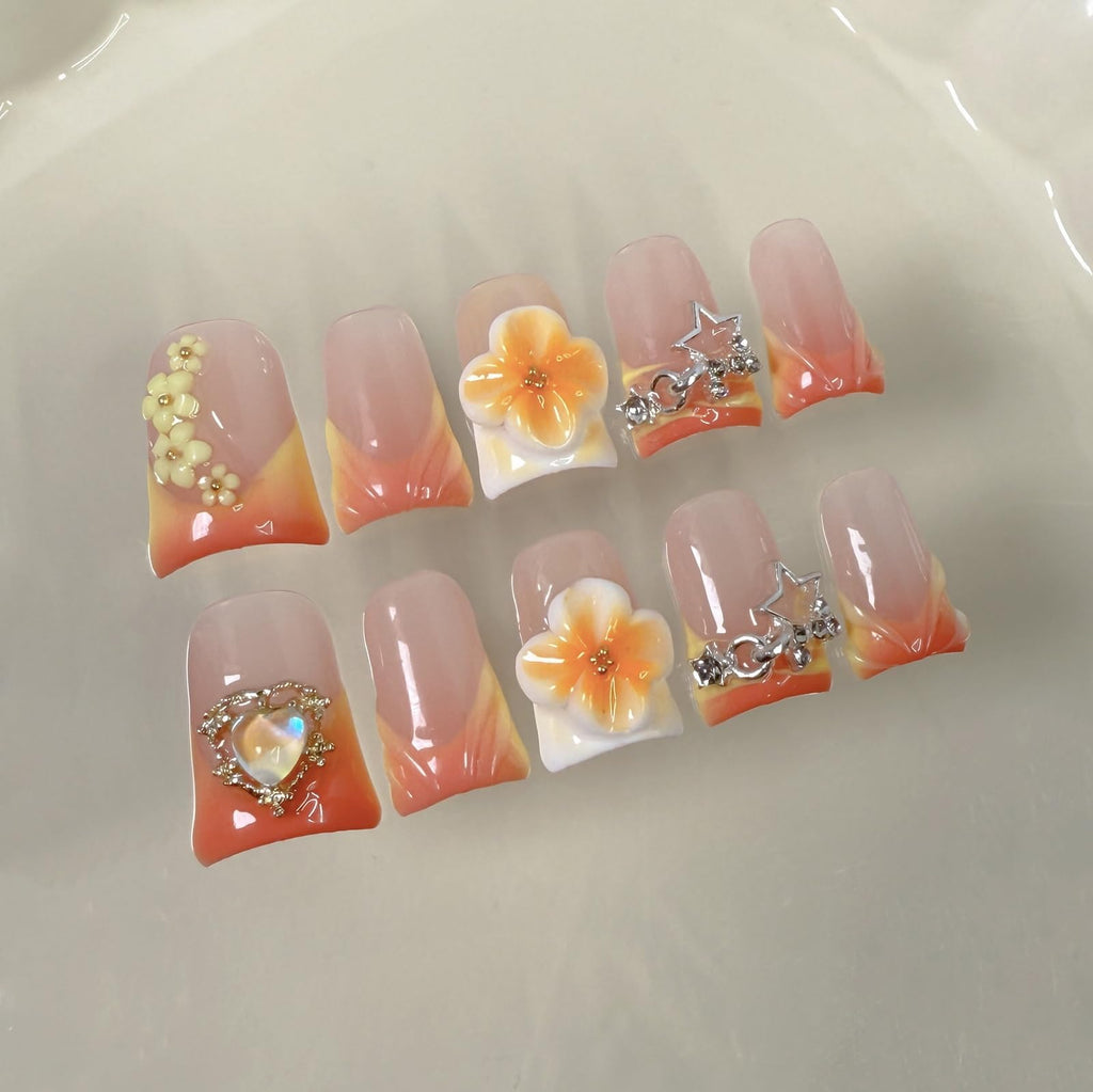 BRKYKGK Handmade Press-On Nails – Short Duck 3D Floral French Tip, Thick Orange Acrylic, 10 Pcs