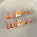 BRKYKGK Handmade Press-On Nails – Short Duck 3D Floral French Tip, Thick Orange Acrylic, 10 Pcs
