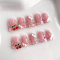 BRKYKGK Handmade Press on Nails – Short Duck French Tip Nude Pink, 3D Floral with Cherry Rhinestones (10 Pcs)