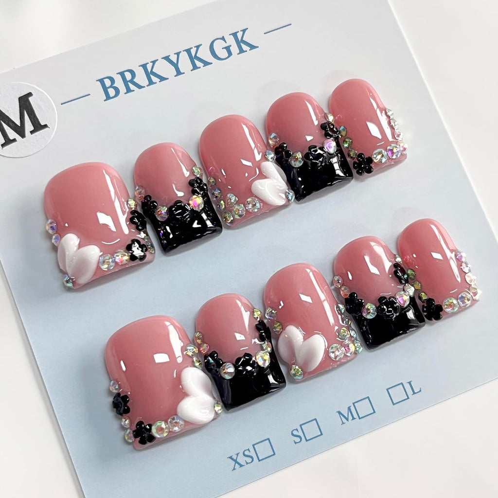 BRKYKGK Black French Tip Press-On Nails – Short Square 3D Floral Design, 10 Pcs (Size S)