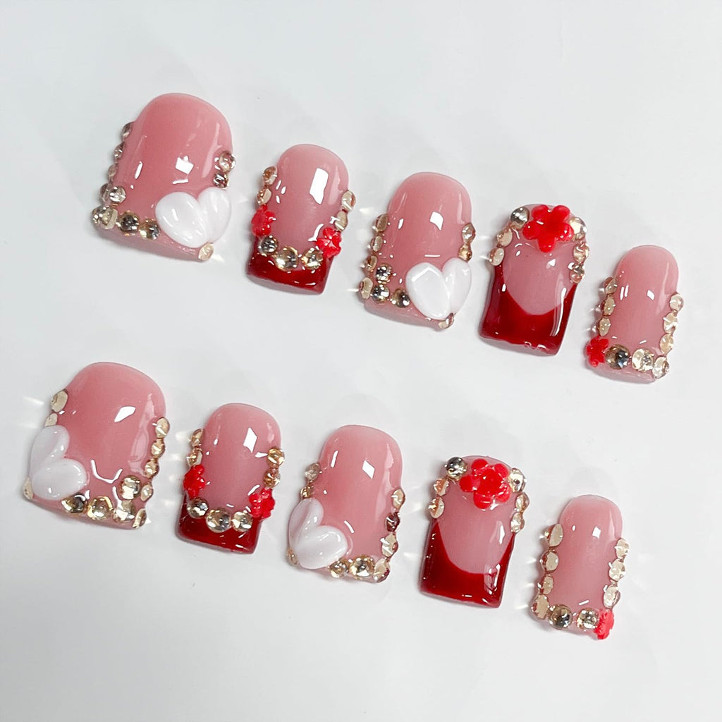 BRKYKGK French Tip Press-On Nails – Handmade Short Square 3D Acrylic Nails with Flower Rhinestones (10 Pcs, S)