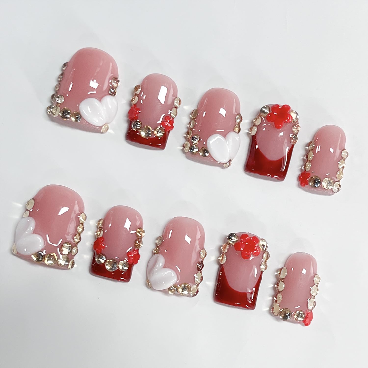 BRKYKGK French Tip Press-On Nails – Handmade Short Square 3D Acrylic Nails with Flower Rhinestones (10 Pcs, S)