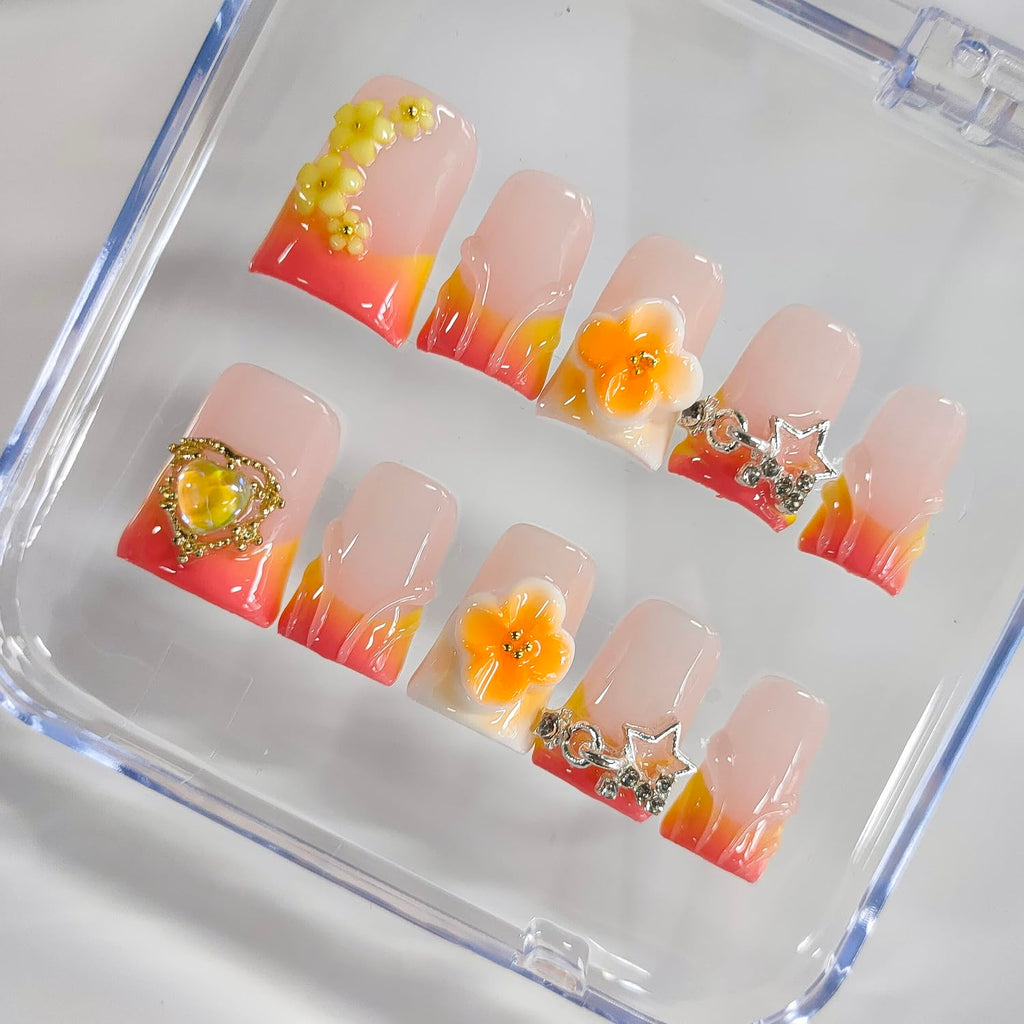BRKYKGK Handmade Press-On Nails – Short Duck 3D Floral French Tip, Thick Orange Acrylic, 10 Pcs