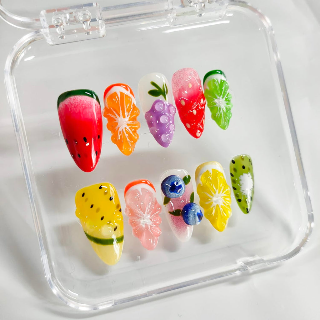 BRKYKGK Handmade Nails – 3D Fruit Almond Press-On Nails | Medium Length, Colorful Summer Nail Art
