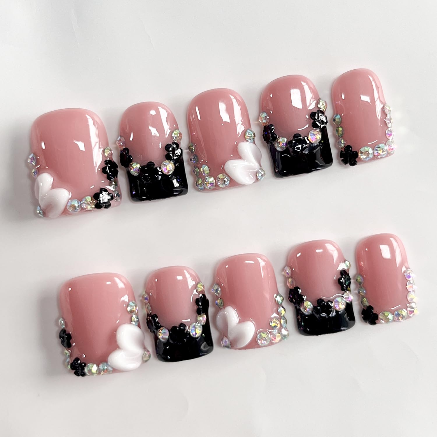 BRKYKGK Black French Tip Press-On Nails – Short Square 3D Floral Design, 10 Pcs (Size S)