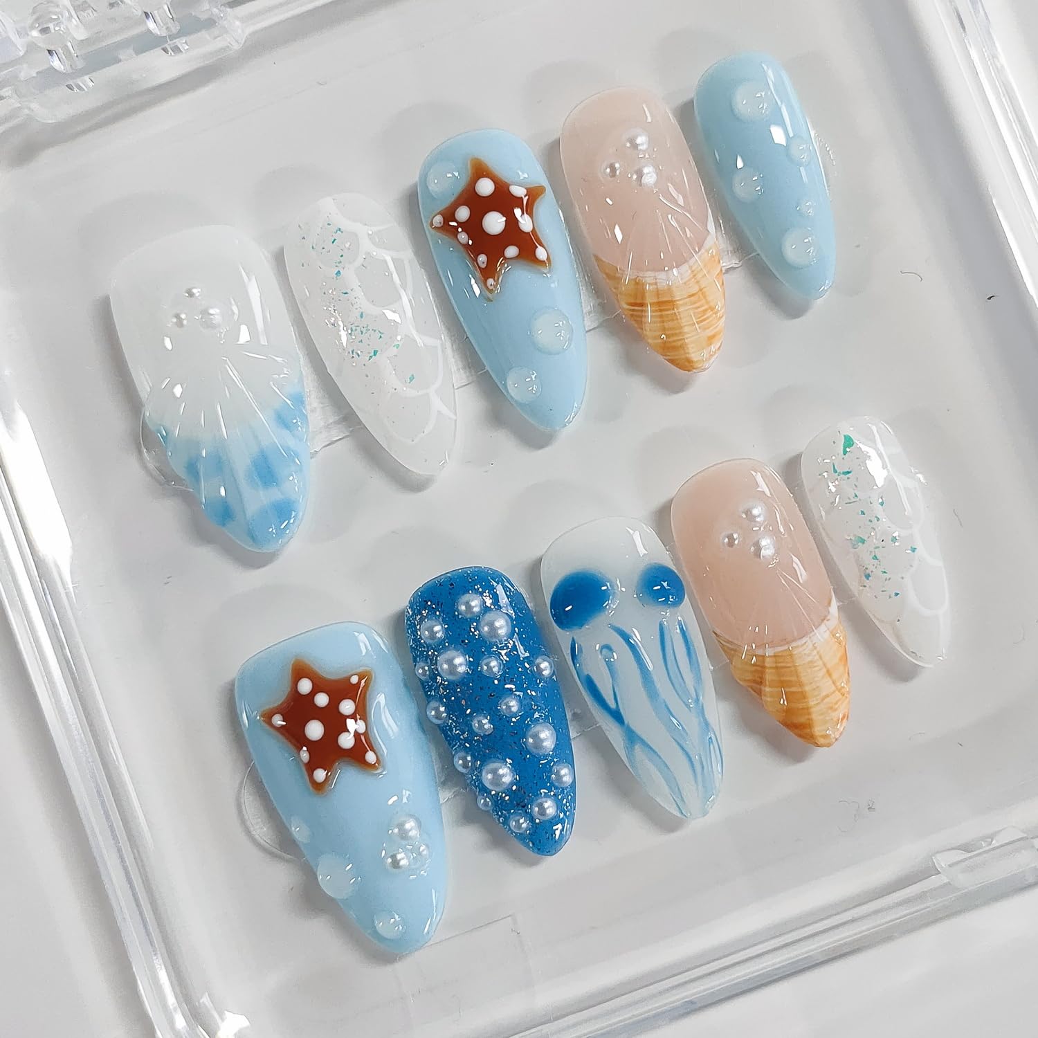 BRKYKGK 3D Handmade Almond Press On Nails – Medium Length, French Tip, Blue with Jellyfish Pearls