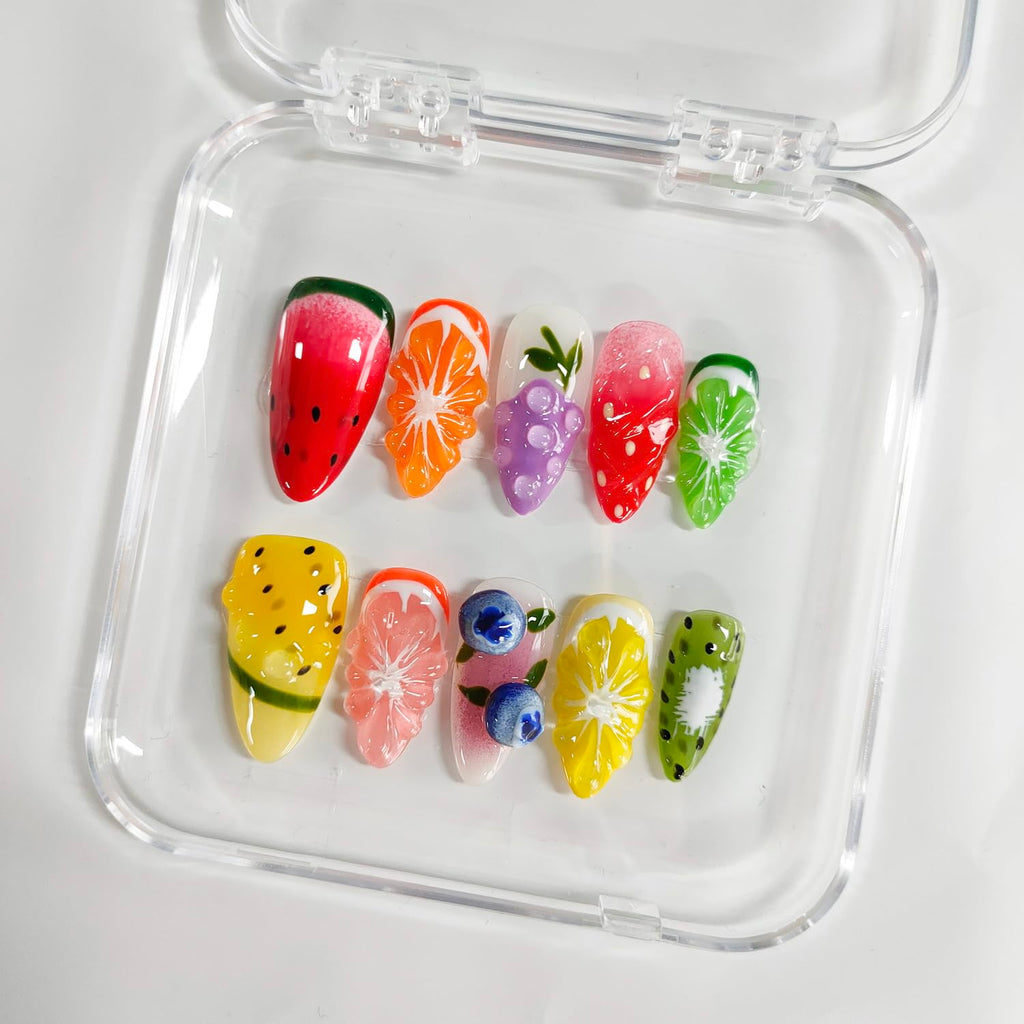 BRKYKGK Handmade Nails – 3D Fruit Almond Press-On Nails | Medium Length, Colorful Summer Nail Art