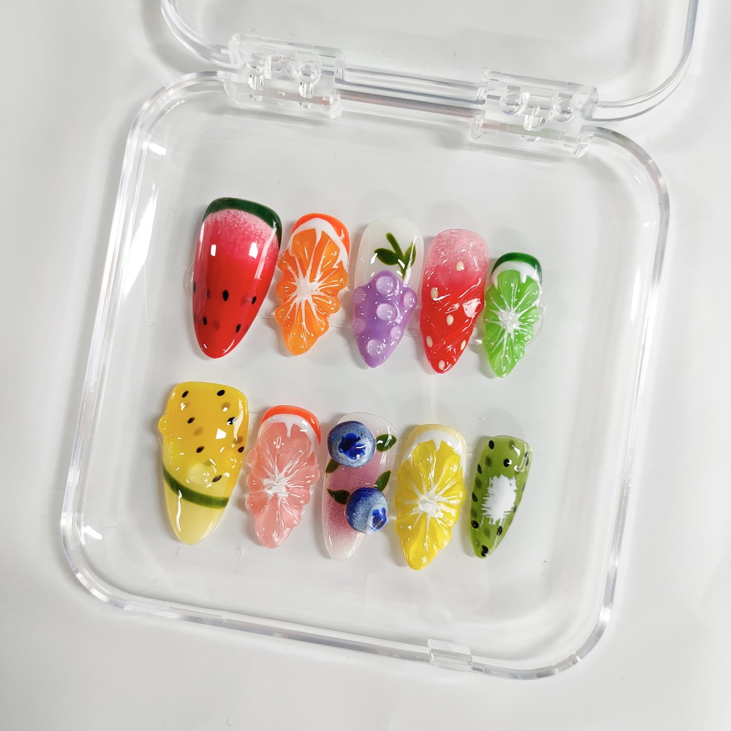 BRKYKGK Handmade Nails – 3D Fruit Almond Press-On Nails | Medium Length, Colorful Summer Nail Art