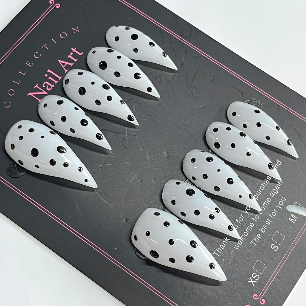 BRKYKGK Handmade Press On Nails – Medium Stiletto Eagle Claw, Black & White Polka Dots, Glossy Glue-On Nails (10 Pcs)