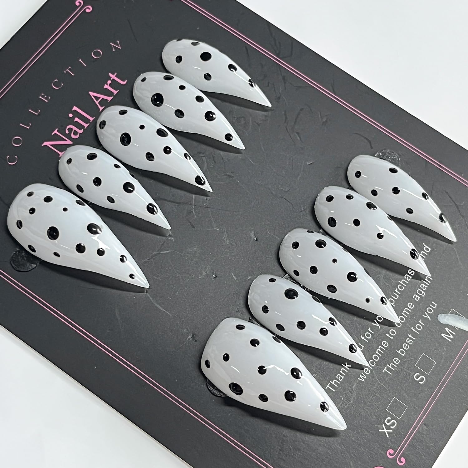 BRKYKGK Handmade Press On Nails – Medium Stiletto Eagle Claw, Black & White Polka Dots, Glossy Glue-On Nails (10 Pcs)