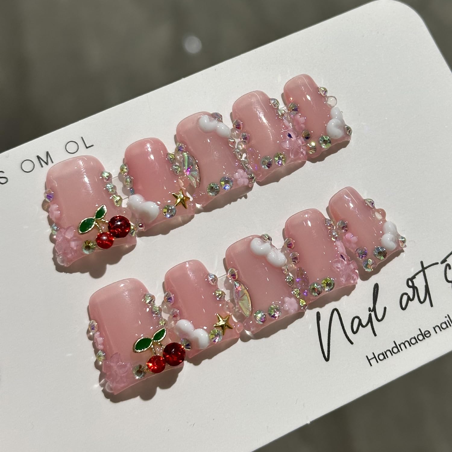 BRKYKGK Handmade Press on Nails – Short Duck French Tip Nude Pink, 3D Floral with Cherry Rhinestones (10 Pcs)