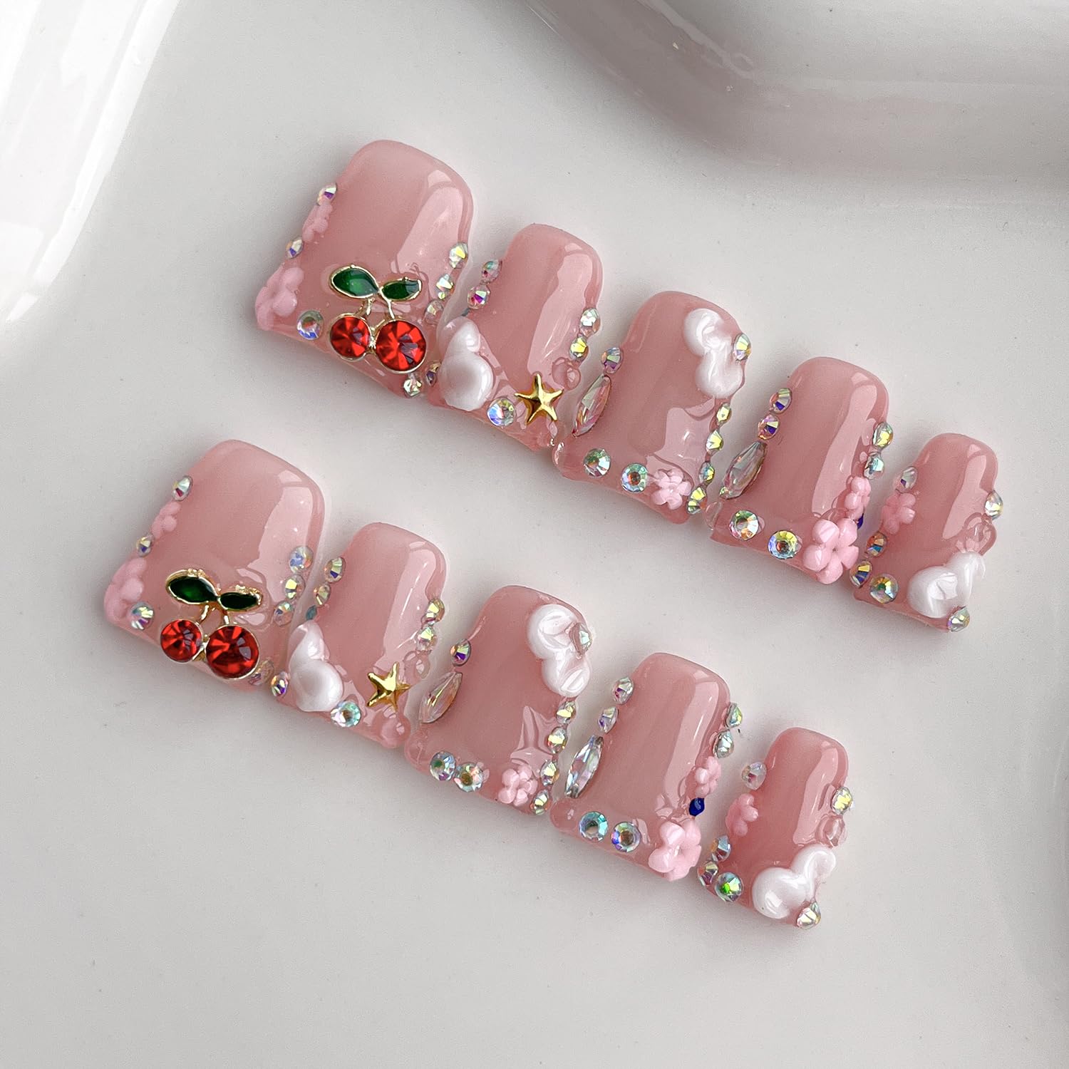 BRKYKGK Handmade Press on Nails – Short Duck French Tip, 3D Floral with Cherry Rhinestones (10 Pcs)