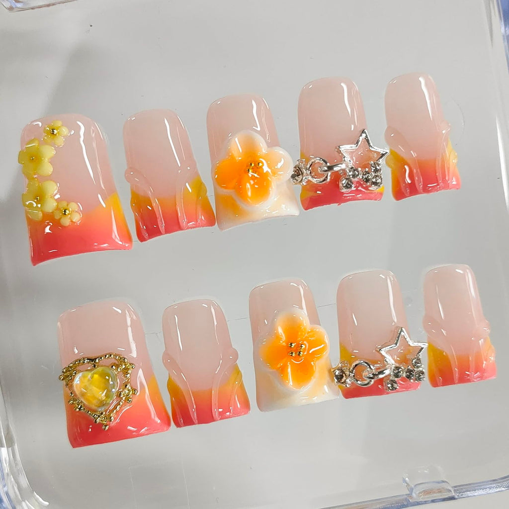 BRKYKGK Handmade Press-On Nails – Short Duck 3D Floral French Tip, Thick Orange Acrylic, 10 Pcs