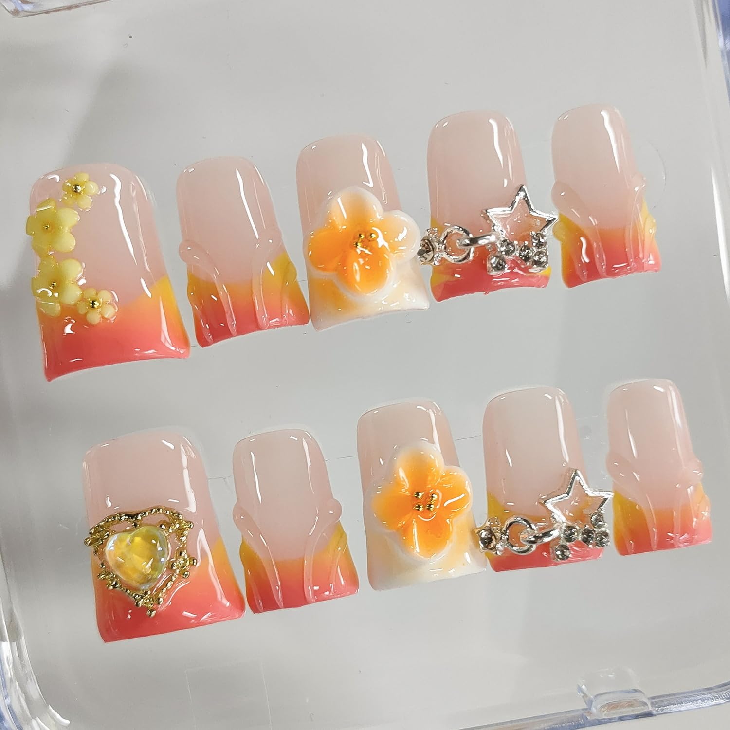 BRKYKGK Handmade Press-On Nails – Short Duck 3D Floral French Tip, Thick Orange Acrylic, 10 Pcs
