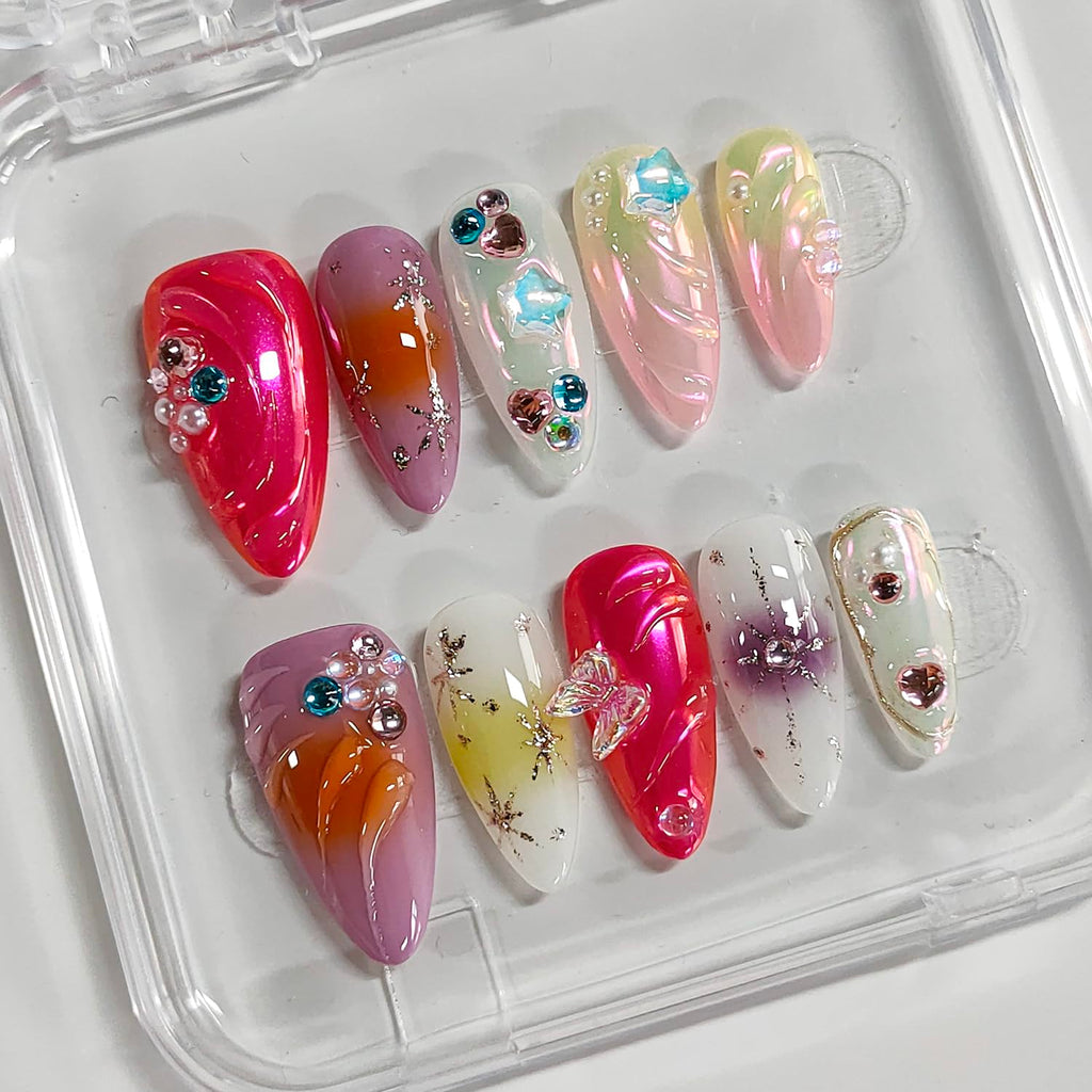 BRKYKGK Handmade Press on Nails – Almond Medium 3D Thick Acrylic with Butterfly Rhinestones (10 Pcs)