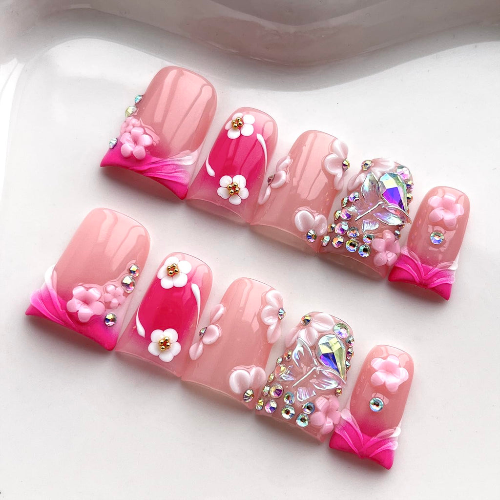 BRKYKGK Pink Duck Press-On Nails – Short French Tip 3D Floral with Butterfly Rhinestones (10 Pcs, M)