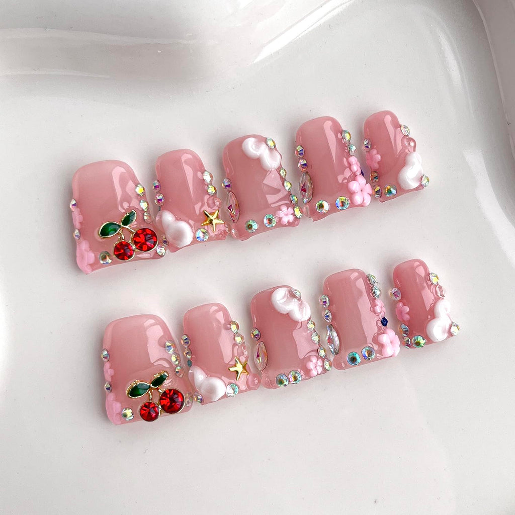 BRKYKGK Handmade Press on Nails – Short Duck French Tip, 3D Floral with Cherry Rhinestones (10 Pcs)