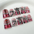BRKYKGK Handmade Short Duck Press-On Nails | 3D Gothic Acrylic Nails with Pink French Tip, Spikes & Rhinestones