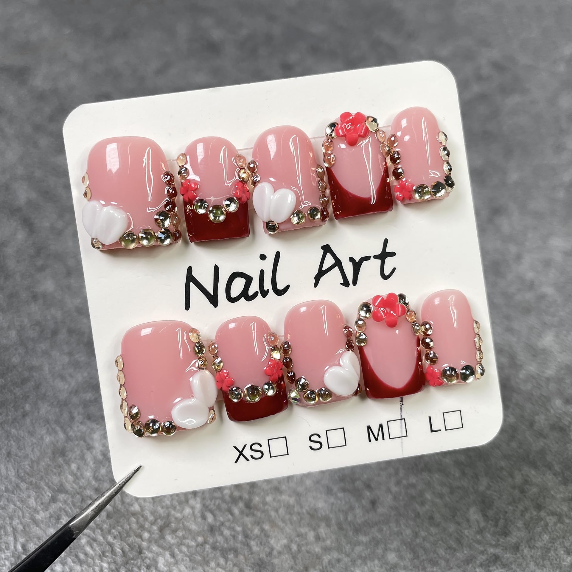 BRKYKGK French Tip Press-On Nails – Handmade Short Square 3D Acrylic Nails with Flower Rhinestones (10 Pcs, S)