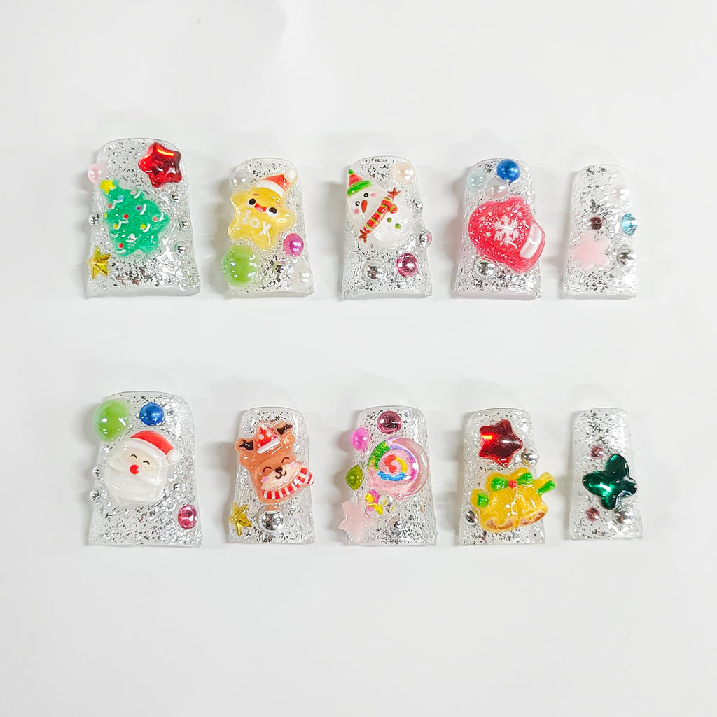BRKYKGK Christmas Press-On Nails – Short Duck 3D Acrylic Glitter, Christmas Tree & Santa, 10Pcs (S)