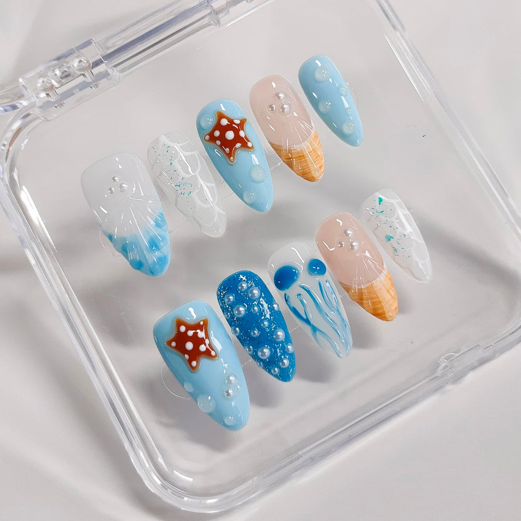 BRKYKGK 3D Handmade Almond Press On Nails – Medium Length, French Tip, Blue with Jellyfish Pearls