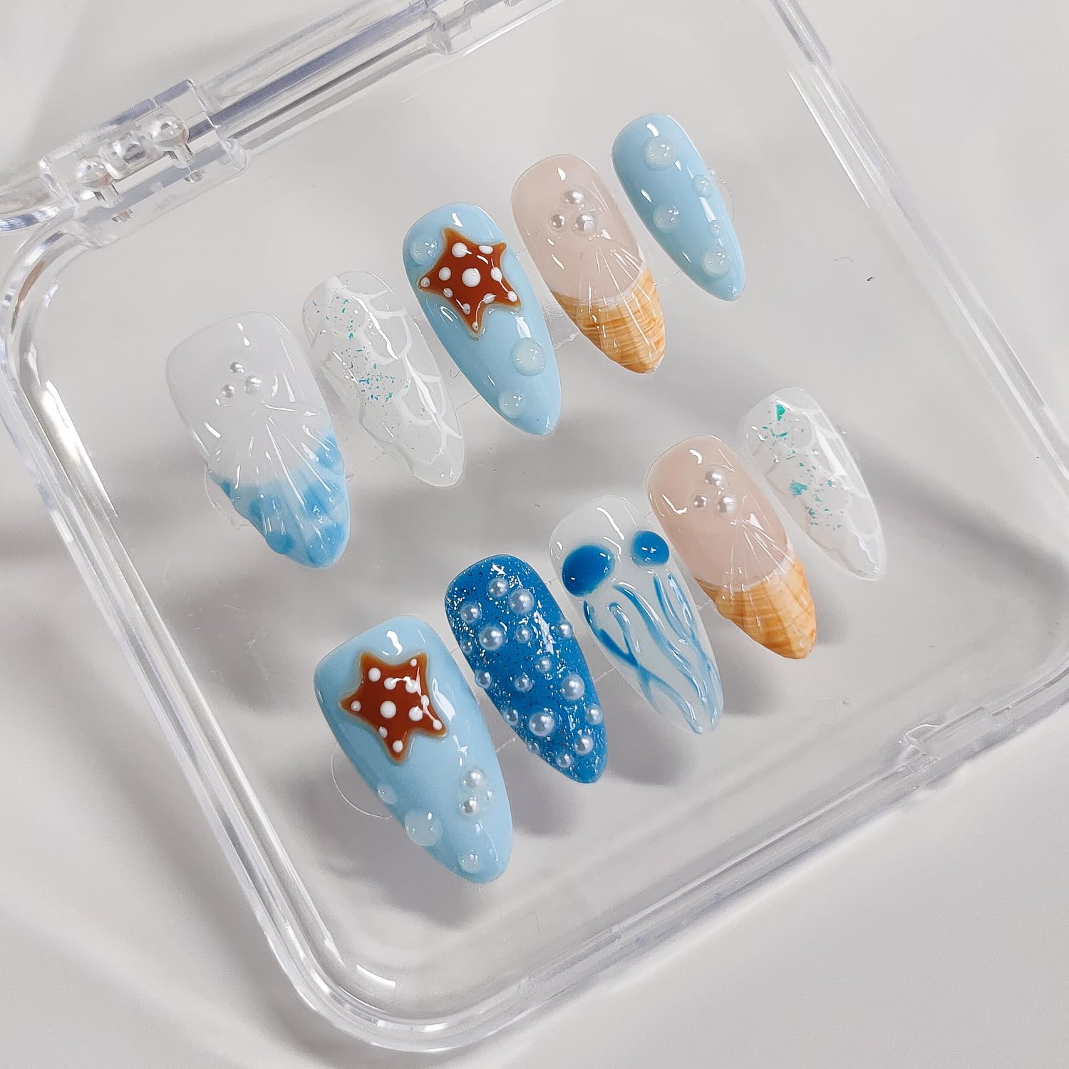 BRKYKGK 3D Handmade Almond Press On Nails – Medium Length, French Tip, Blue with Jellyfish Pearls