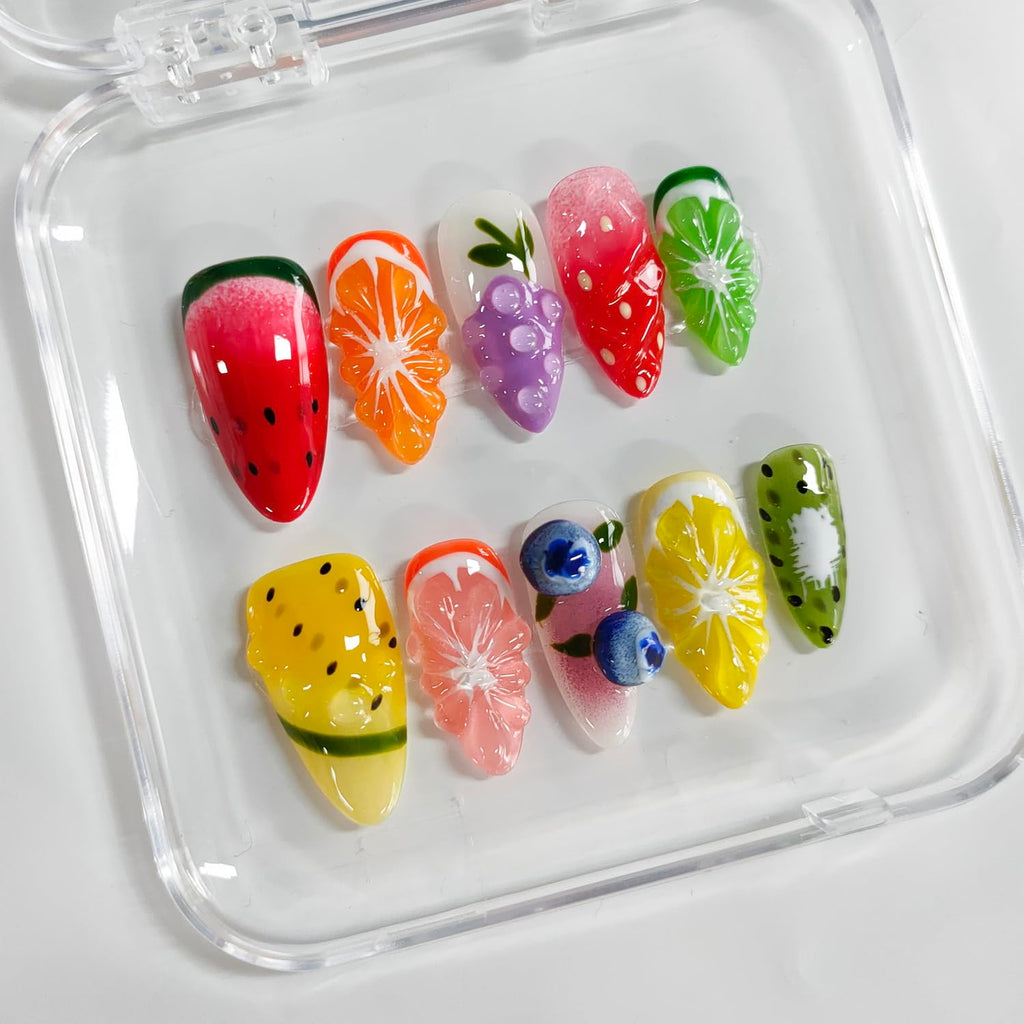 BRKYKGK Handmade Nails – 3D Fruit Almond Press-On Nails | Medium Length, Colorful Summer Nail Art