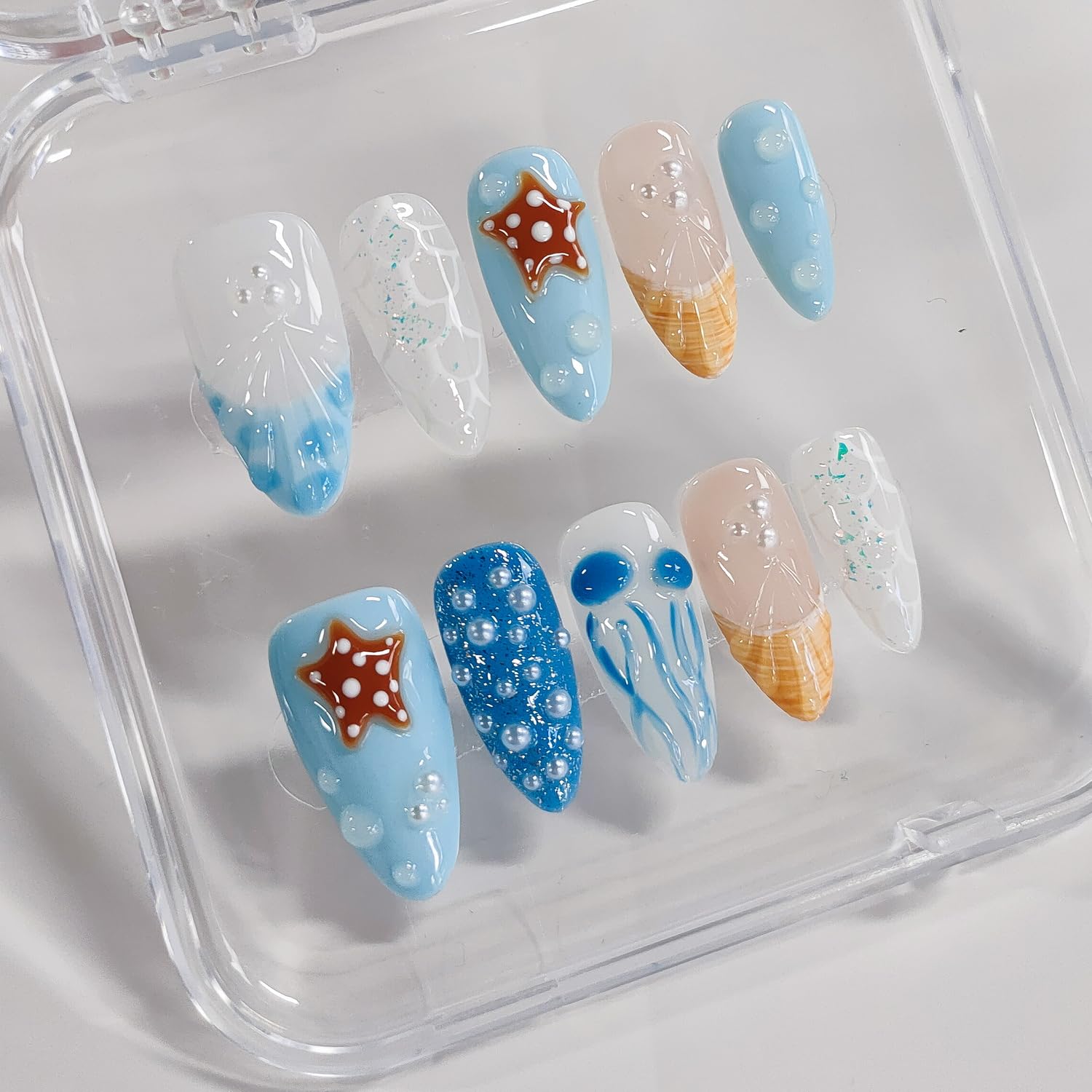BRKYKGK 3D Handmade Almond Press On Nails – Medium Length, French Tip, Blue with Jellyfish Pearls