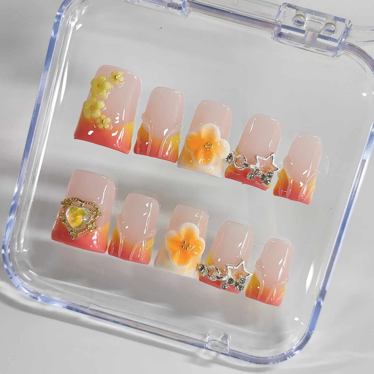 BRKYKGK Handmade Press-On Nails – Short Duck 3D Floral French Tip, Thick Orange Acrylic, 10 Pcs