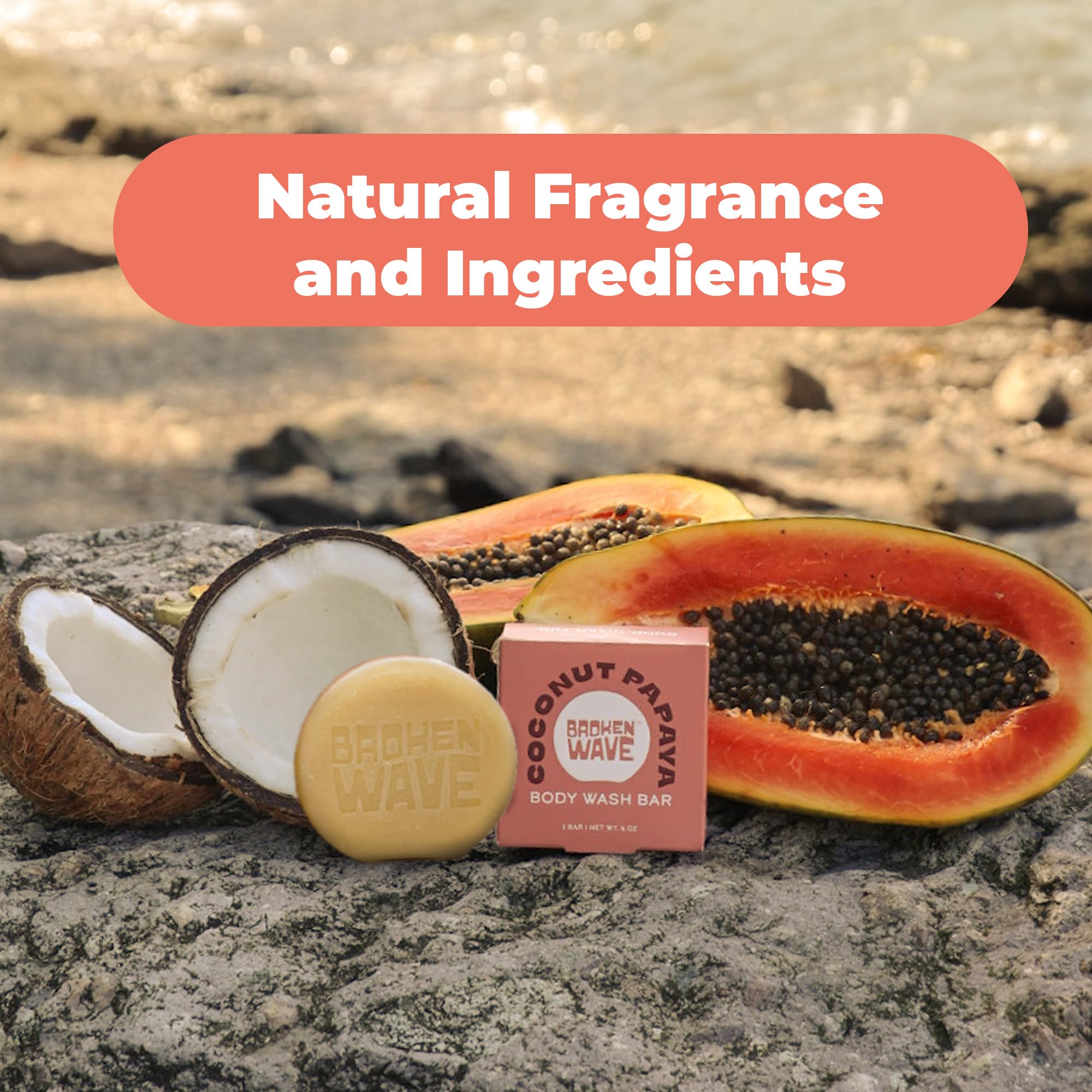 Broken Wave Natural Bar Soap for Women and Men | Hydrating, Vegan, Cruelty-Free Coconut Lemongrass & Papaya | Plastic-Free, Sulfate & Paraben Free | 2-Pack
