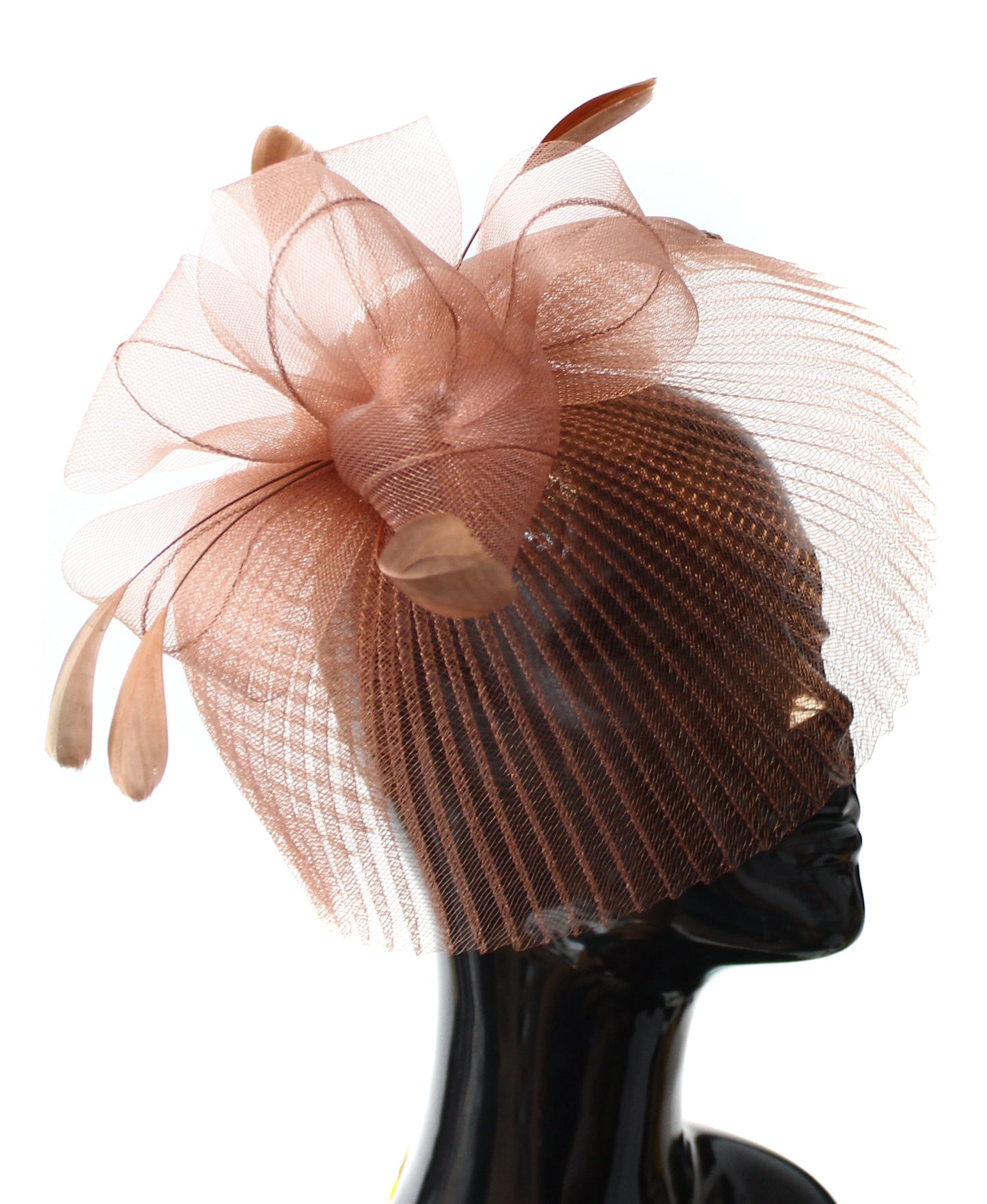 Bronze Veil Fan Fascinator on Headband and Clip Brown