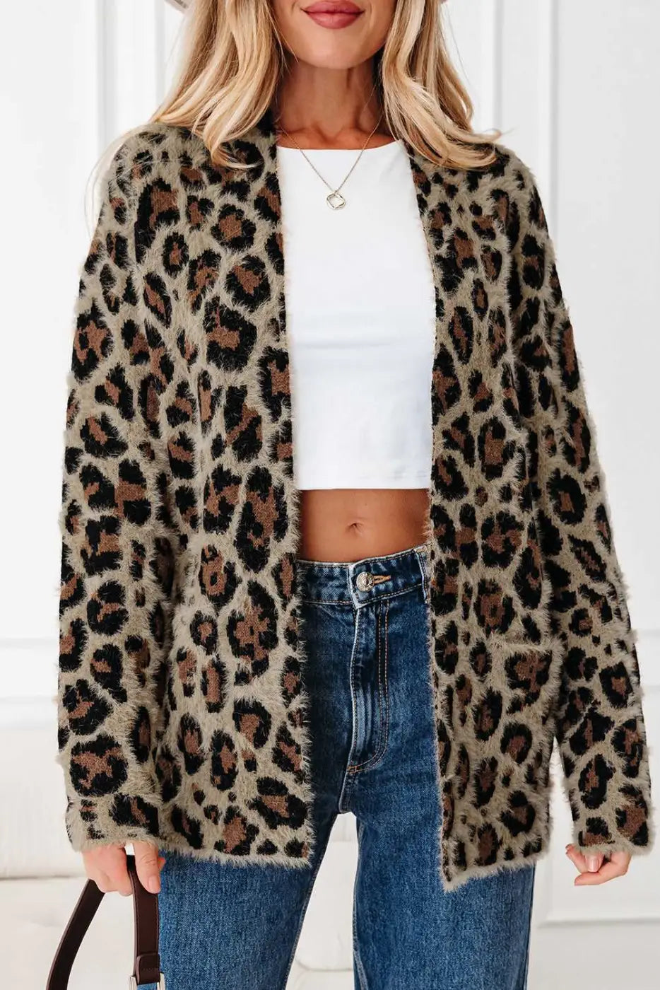 Brown Leopard Open Knit Cardigan Women UK