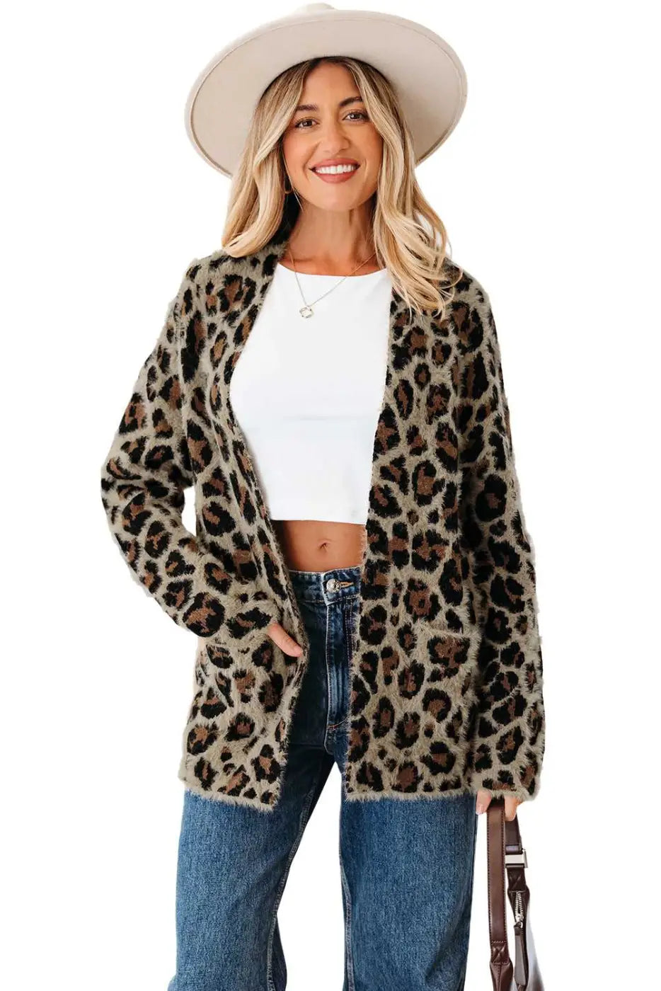 Brown Leopard Open Knit Cardigan Women UK
