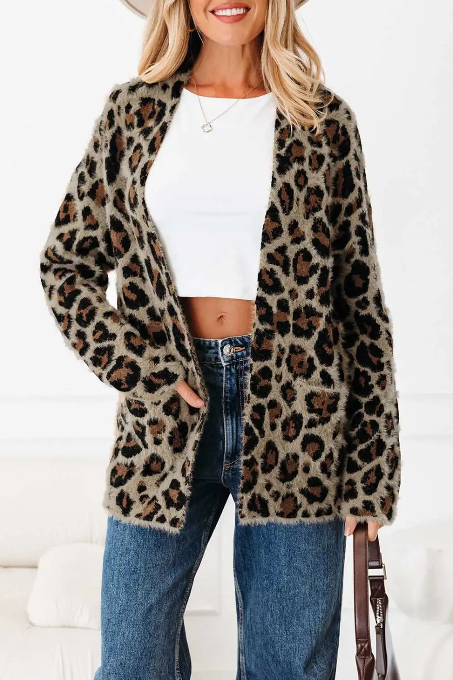 Brown Leopard Open Knit Cardigan Women UK