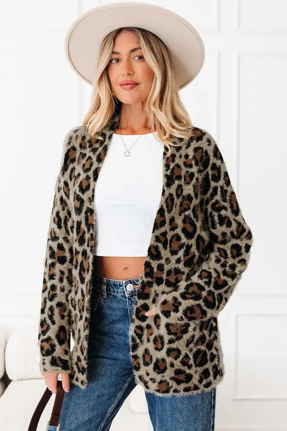 Brown Leopard Open Knit Cardigan Women UK