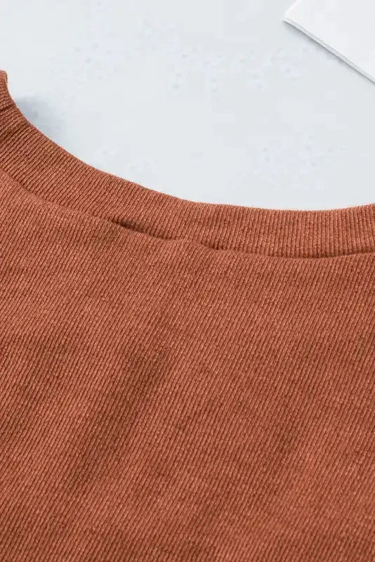 Brown Ribbed Peekaboo Cutout Long Sleeve Top