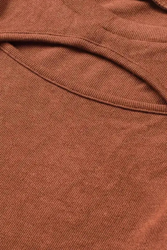 Brown Ribbed Peekaboo Cutout Long Sleeve Top