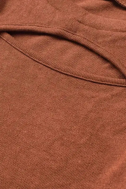 Brown Ribbed Peekaboo Cutout Long Sleeve Top