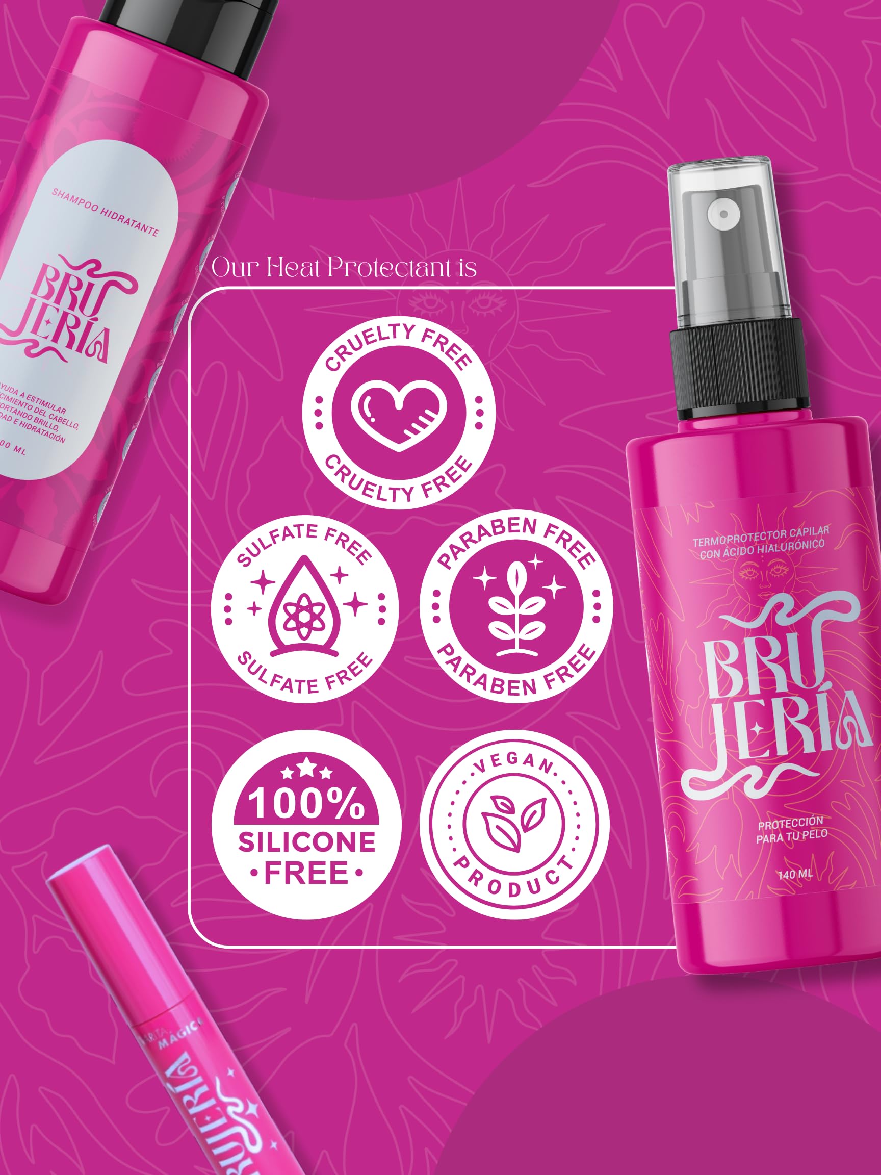 Brujeria Hair Heat Protectant Spray - Anti-Frizz & Straightening Formula with Hyaluronic Acid, Argan & Babassu Oils | Pink
