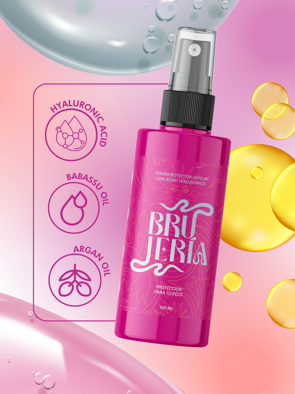 Brujeria Hair Heat Protectant Spray - Anti-Frizz & Straightening Formula with Hyaluronic Acid, Argan & Babassu Oils | Pink
