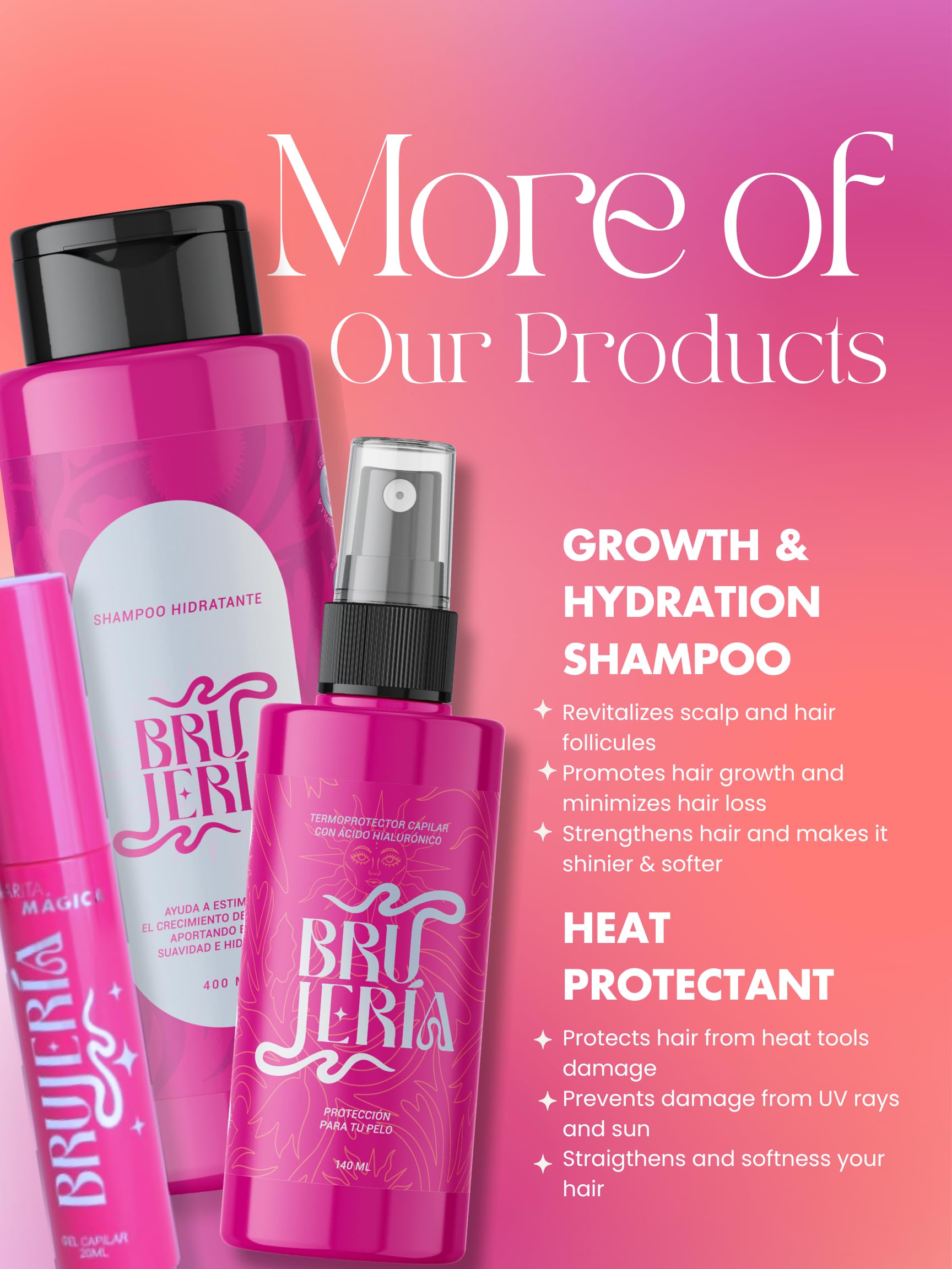 Brujeria Hair Heat Protectant Spray - Anti-Frizz & Straightening Formula with Hyaluronic Acid, Argan & Babassu Oils | Pink