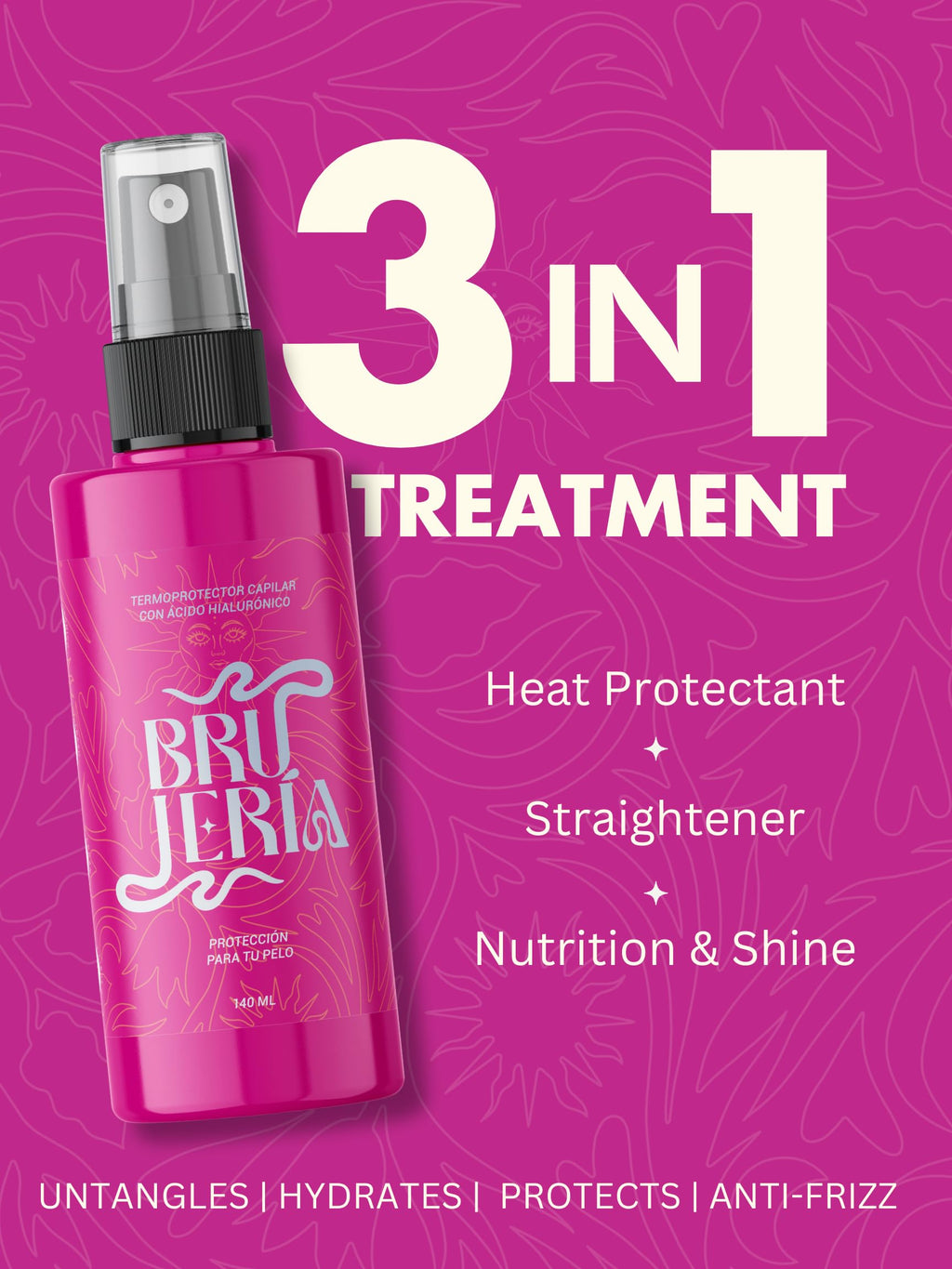 Brujeria Hair Heat Protectant Spray - Anti-Frizz & Straightening Formula with Hyaluronic Acid, Argan & Babassu Oils | Pink