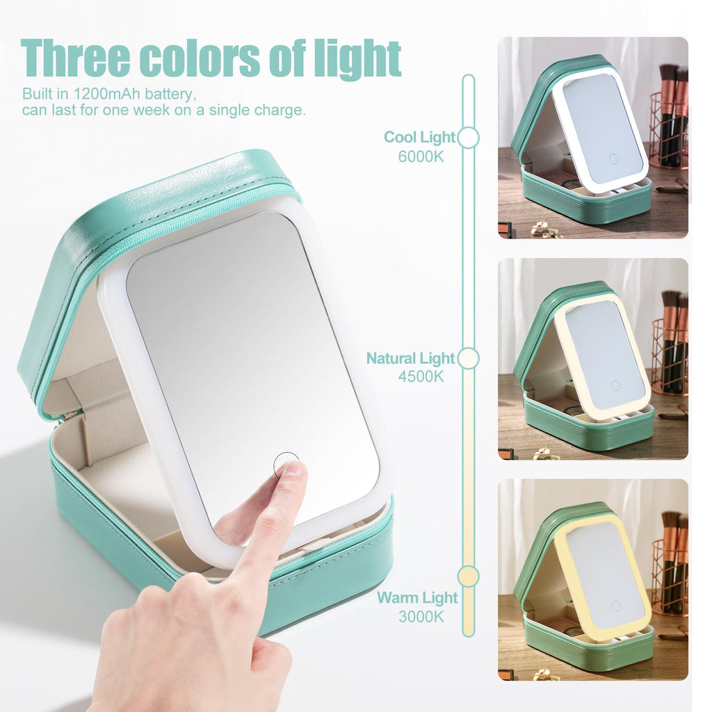 BS-MALL Travel Cosmetic Mirror Case with LED Light — Portable On-the-Go Makeup Storage (Green)
