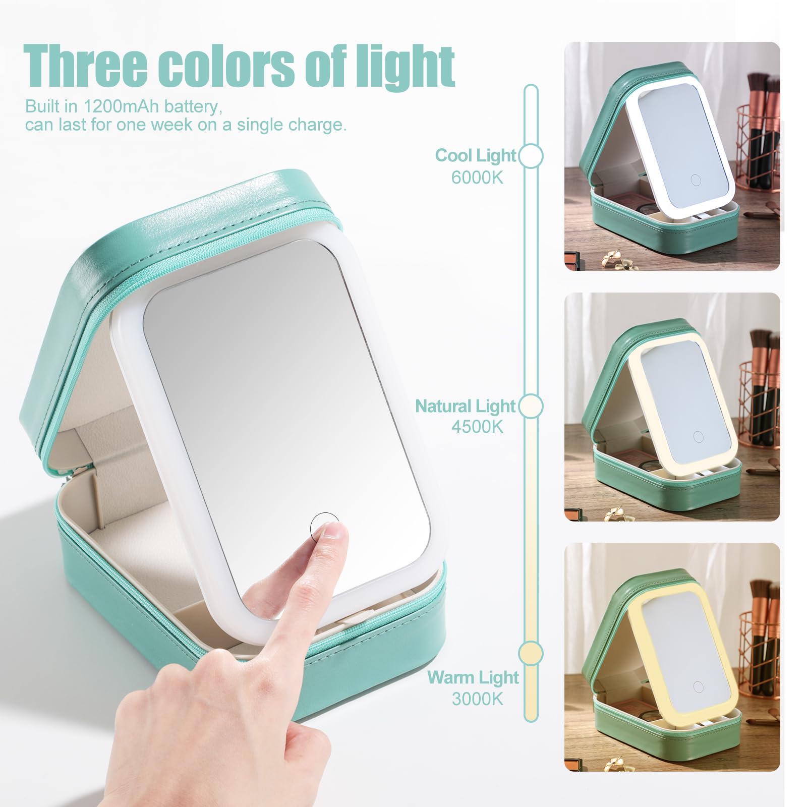 BS-MALL Travel Cosmetic Mirror Case with LED Light — Portable On-the-Go Makeup Storage (Green)
