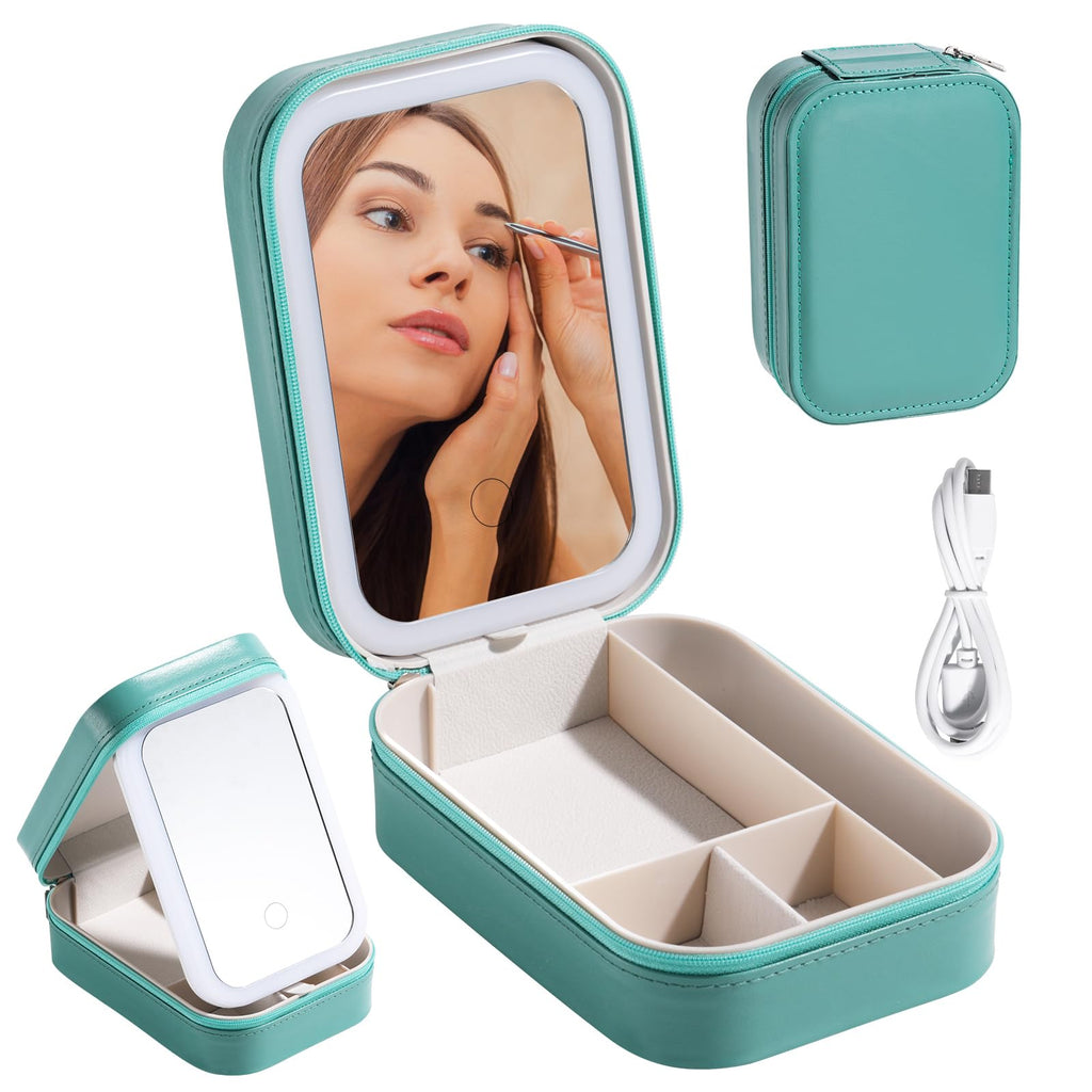 BS-MALL Travel Cosmetic Mirror Case with LED Light — Portable On-the-Go Makeup Storage (Green)